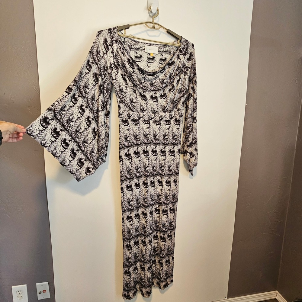 Leifsdottir Anthropologie Maxi Dress Large Cowl Neck Black White Flare Sleeve